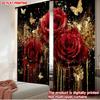 2pcs Red Rose Gold Curtains Large Velvet Roses with Golden Butterflies Tassels On Black Background for Luxurious Living Room