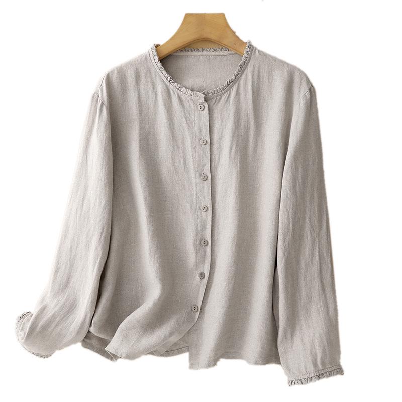 2025 Autumn Cotton Linen Ruffled Retro Long Sleeve Top