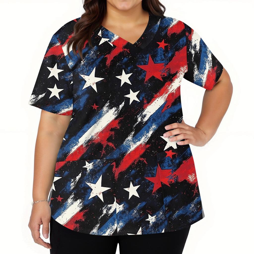 Women's Fashion V-neck Short Sleeve Workwear With Pockets Printed Tops