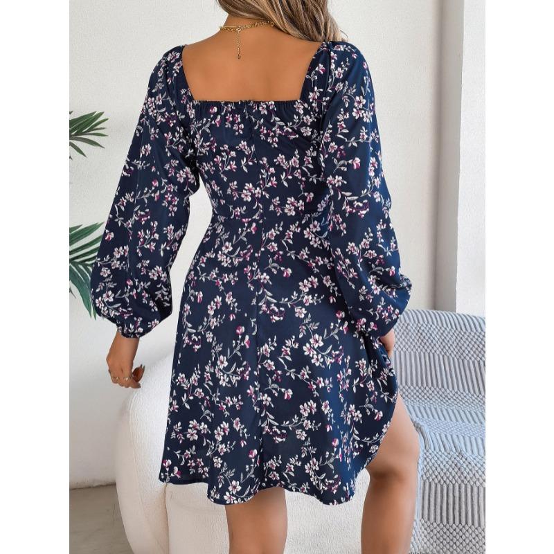 Square Collar Floral Printed Fashion Loose Dress Casual Sexy Lace Up Long Sleeve A-line Party Short Dress Elegant Spring Summer Lace-up Slim Fit Sweet
