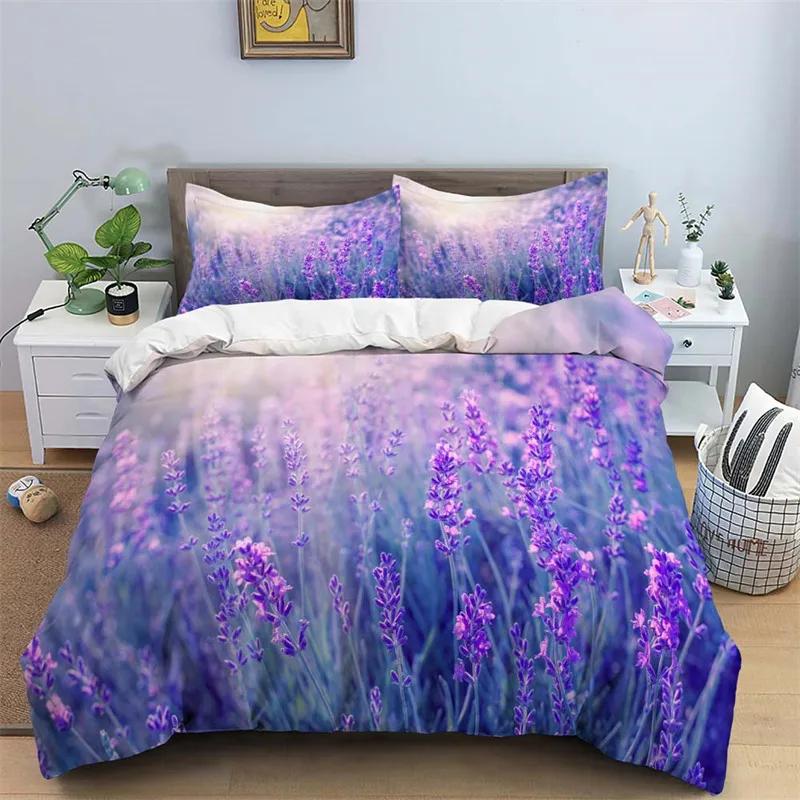 Lavender Duvet Cover Microfiber Purple Flower Bedding Set Romantic Floral Comforter Cover King Twin Botanical Bedspread Cover
