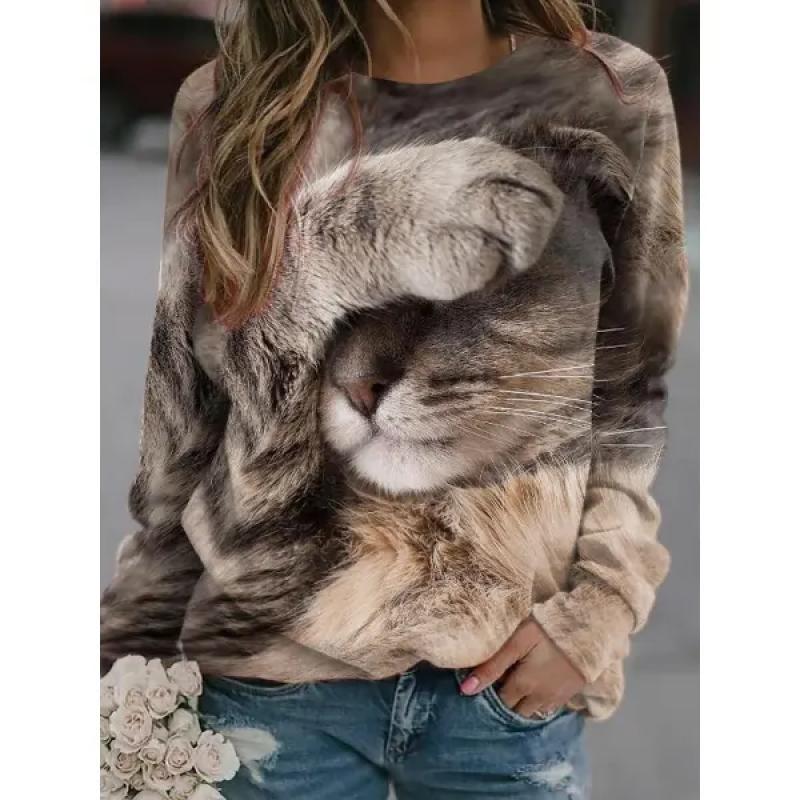 Spring and Autumn Round Neck Casual 3D Cat Print Cute Little Fresh Sweatshirt Women's Casual Home Wear Versatile Women's Hoodie