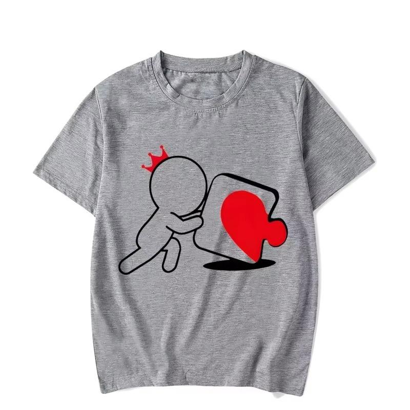 

Мультяшная футболка для пары с принтом пазла в виде сердца для девочки и мальчика, с коротким рукавом, свободная, футболки King Queen, трендовая футболка для влюбленных, унисекс 3XL