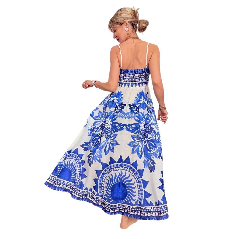 2026 European and American new dresses, positioning printing V-neck temperament A pendulum suspender dress women