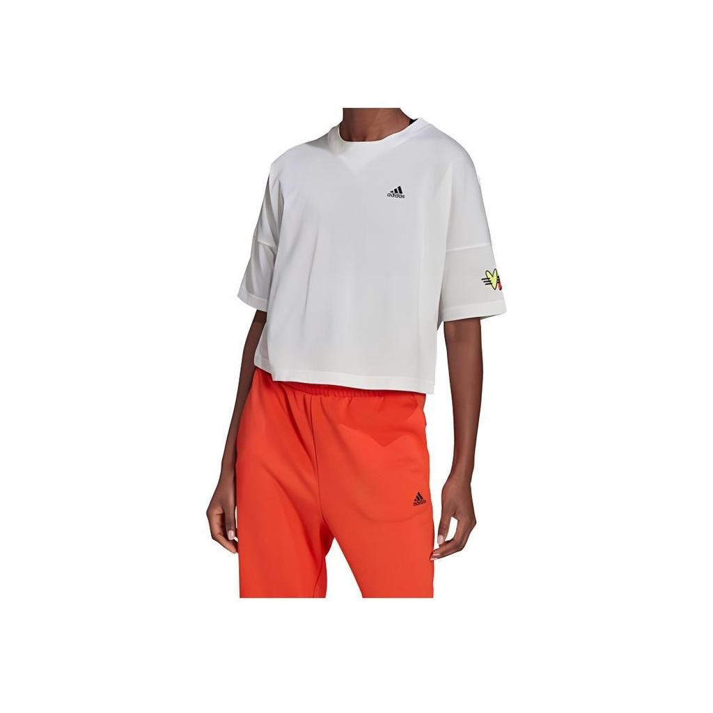 Adidas Alphabet Logo Print Crop Round Neck Short Sleeve T-Shirt Women Tops White H67199