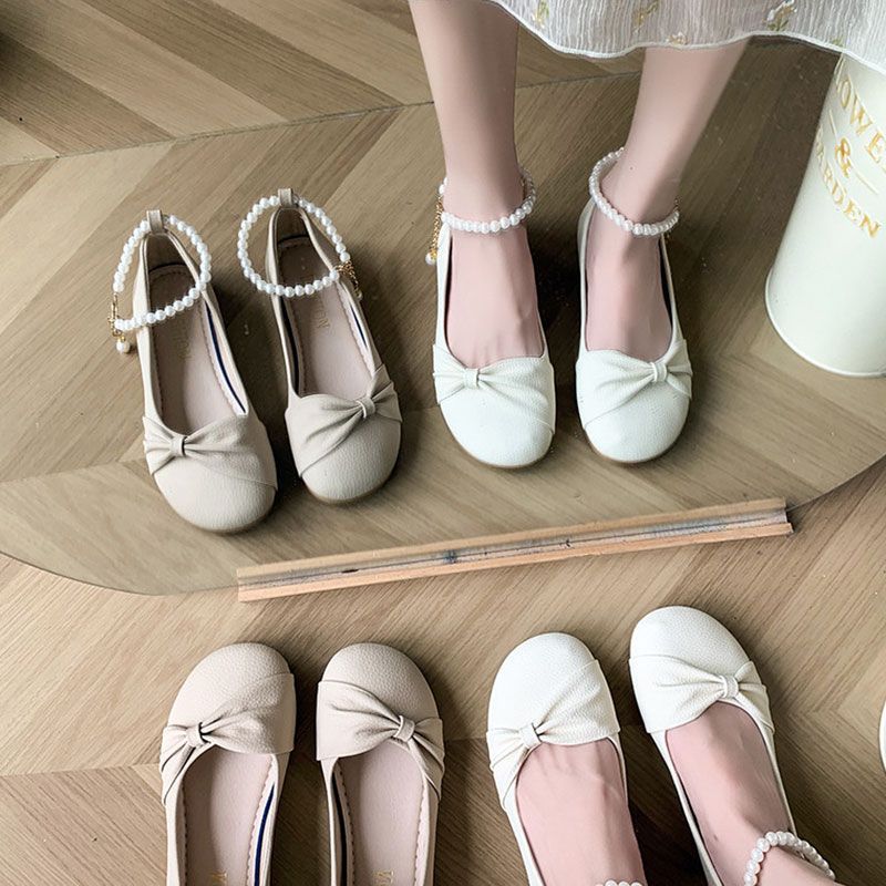 Mary Jane shoes, new pearl bow flats in summer 2025, shallow mouth fairy style with skirt, single shoes, women
