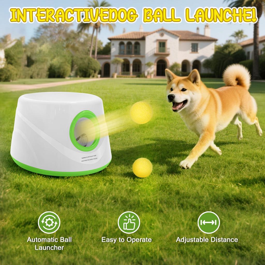 Lanceur de balles automatique pour chiens, Machine interactive de lancer de balle avec 3 niveaux de distance(20-46 pieds) & 5 Balles, Lanceur de Balle pour Chien pour Jouer à l'Intérieur et à l'Extérieur