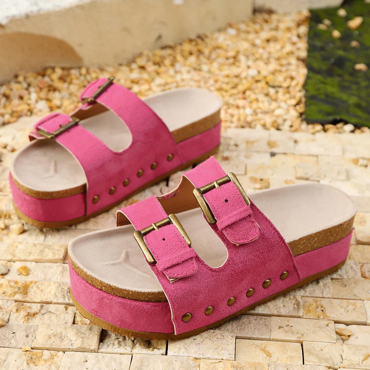 

2025 summer new European and American style round head large size rivet women s one-word buckle muffin thick bottom women s slippers 43 коричневий