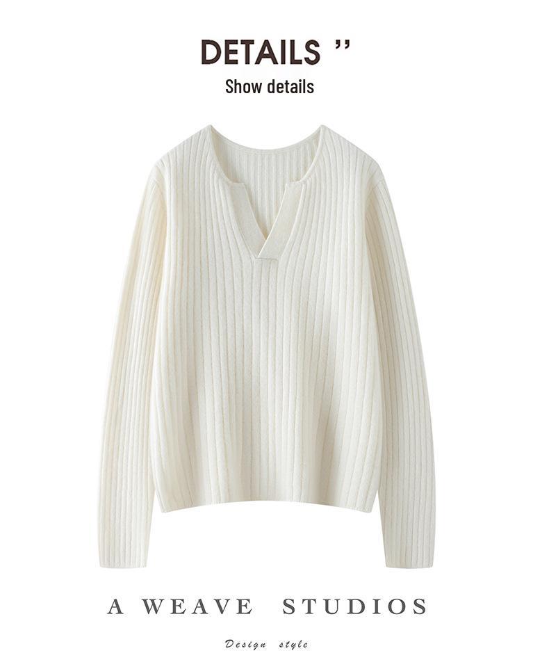 Ribbed Cashmere V-Neck Sweater - Women's Elegant Slimming Pullover for Autumn 2026