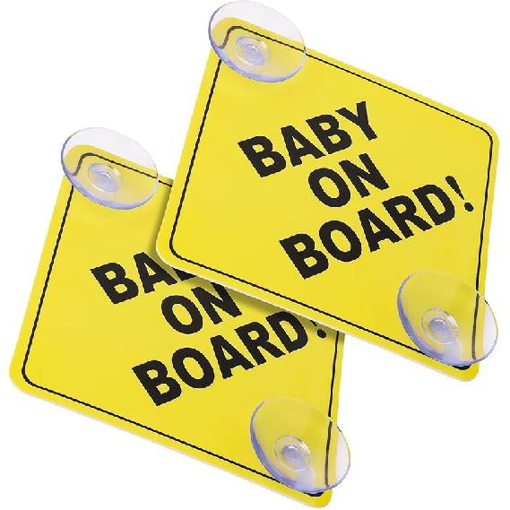 Cobee Baby On Board Car Warning Signs, 2 Pcs 5"X5" Safety Car Sign With Double Suction Cups, Baby In Car Sticker For Car Window Cling Reusable