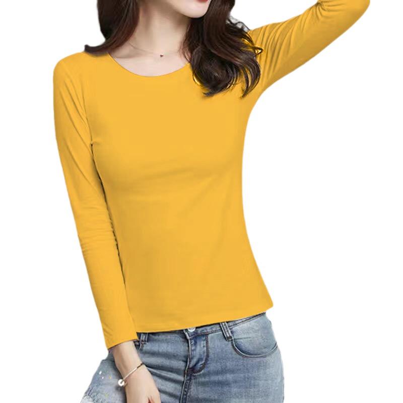 Women's Korean Style Slim Fit Long-Sleeve T-Shirt, Round Neck, Large Size Solid Color Top for Spring & Autumn