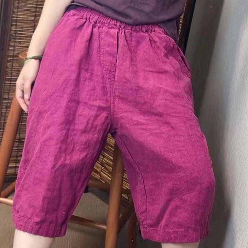 Pantalones cortos de lino y algodón de cintura alta para mujer - Verano Casual Color sólido Pierna ancha Pantalones de cinco puntos