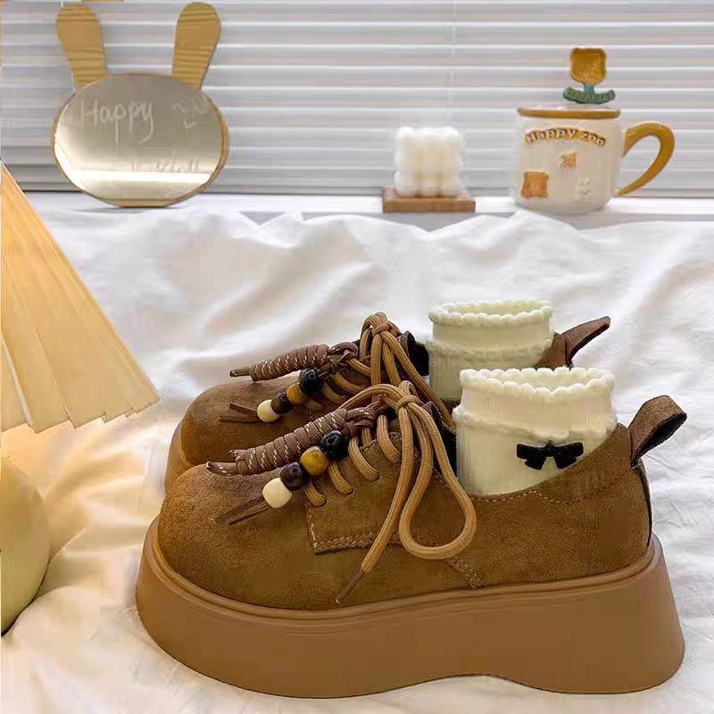 Retro Lace Up Small Height Increasing Loafers for Women 2025 Autumn New Casual Versatile Thick Soled Boken Shoes Single Shoe
