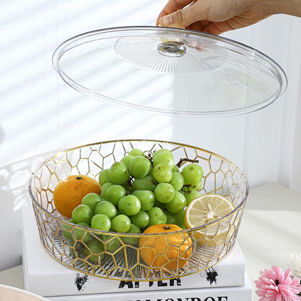 New Round Fruit Plate with Lid Transparent Fruit Tray Stone Grain Fruit Tray Desktop Sundries Storage Box Fruit Bowl