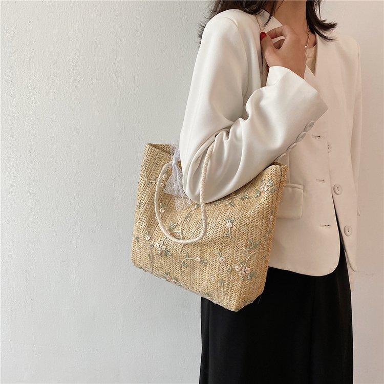 Summer Large Bag Women's Bag New Lace Bag Straw Shoulder Bag Large Capacity Hand Woven Casual Handbag