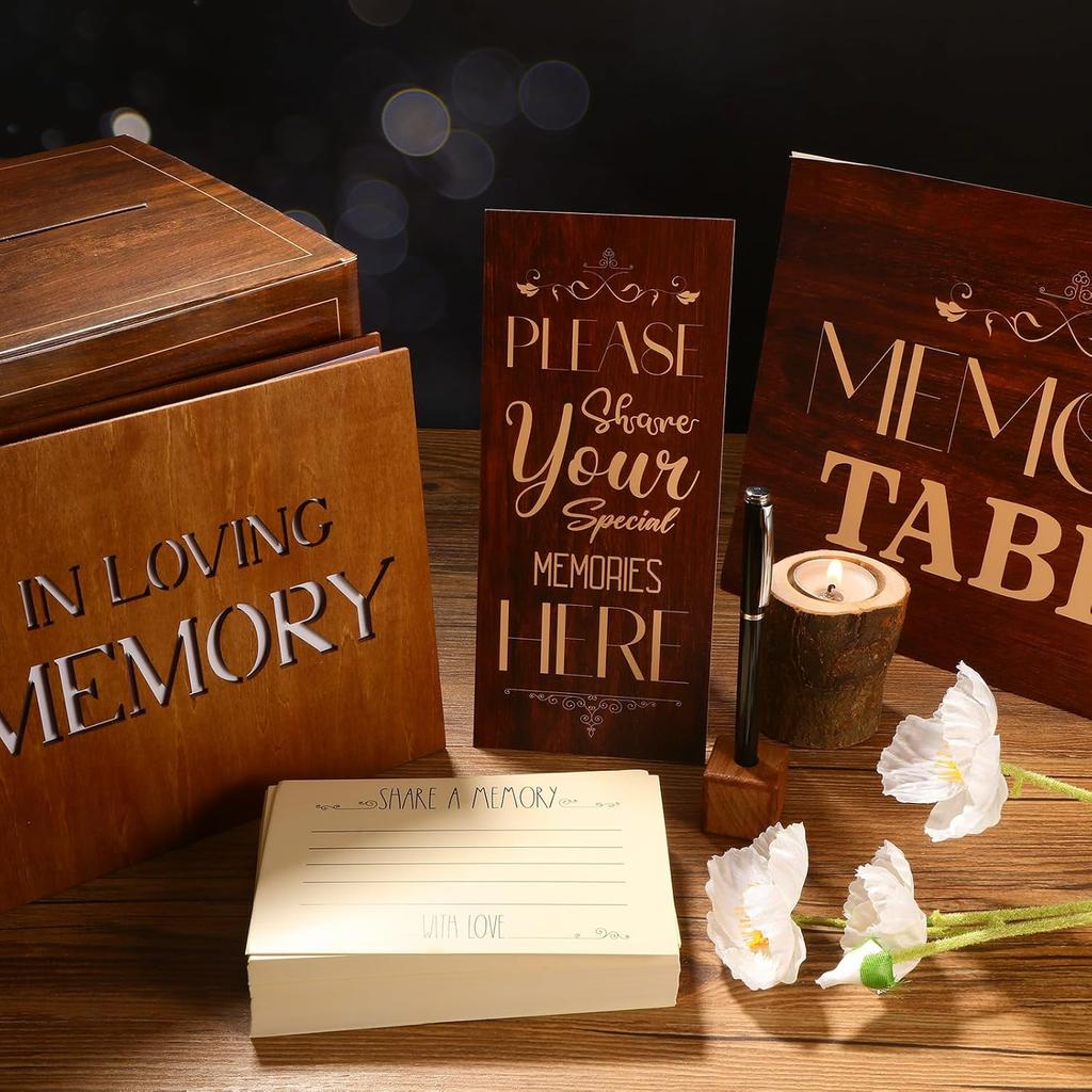 66 Pcs Funeral Guest Book Set Share a Memory Cards Memorial Box Guest Book Pen Wooden Pen Holder Funeral Decorations Memory Table Signs for