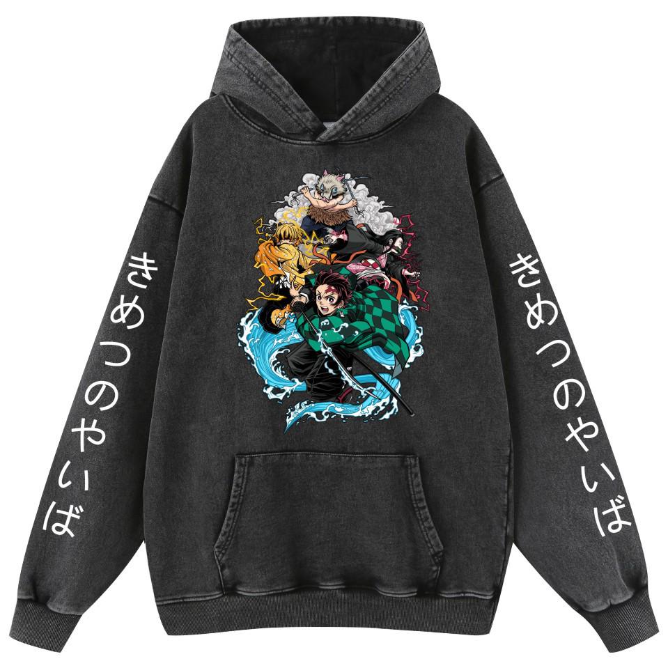 Demon Slayer Washed Retro Distressed Cotton Unisex Hoodie