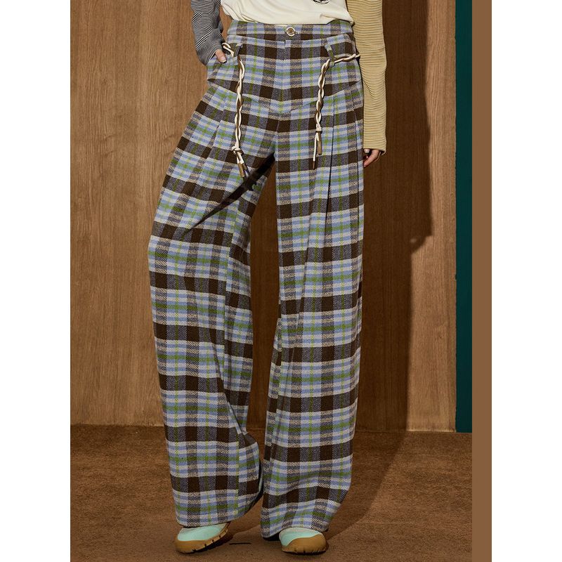 Coolhut Retro Plaid Drawstring Loose Versatile Lazy Style Straight-Leg 2025 Winter Women's Casual Pants