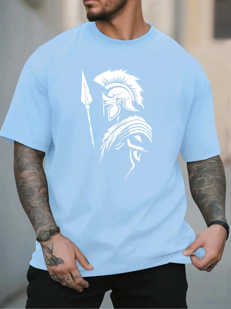 Unisex Black Crew Neck Tee White Spartan Warrior Silhouette Spear And Helmet Ancient Greek Fighter Graphic Casual Cotton Tops