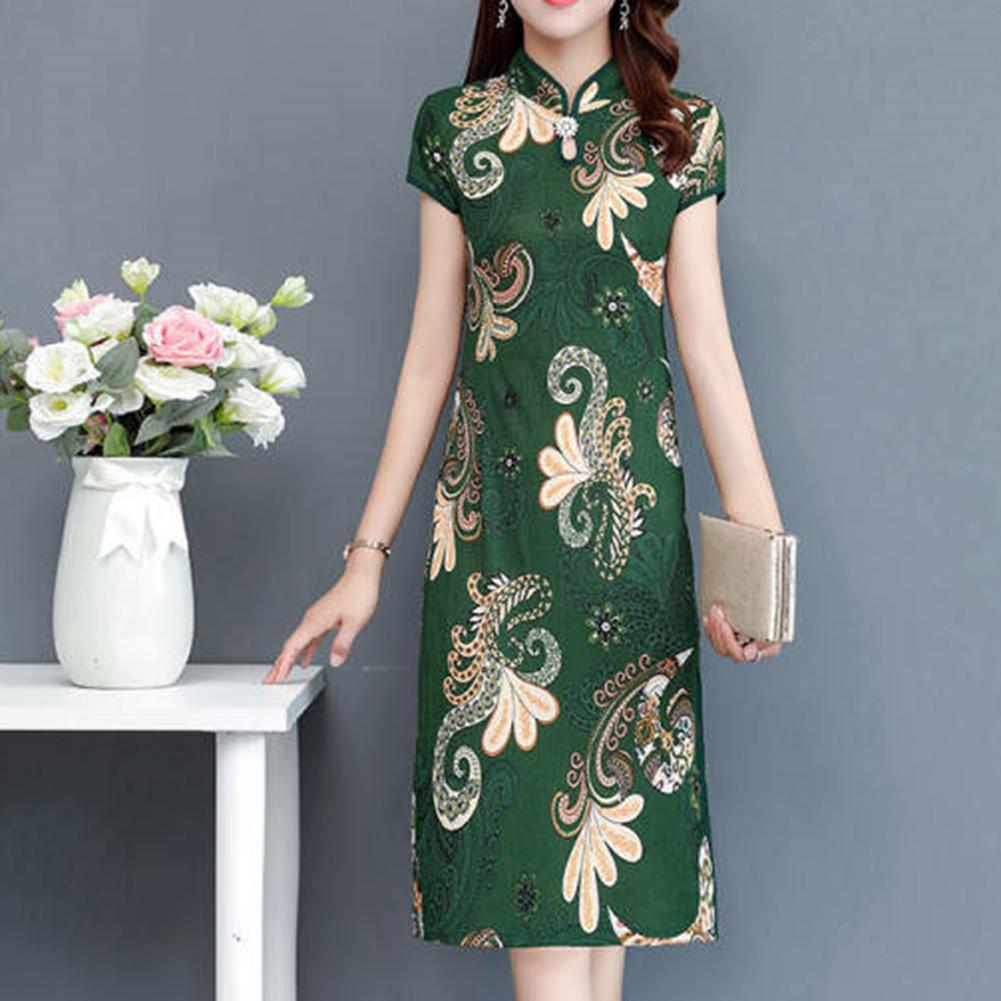 Chinese Qipao Long Dress Chinese Style Flower Printed M-5XL