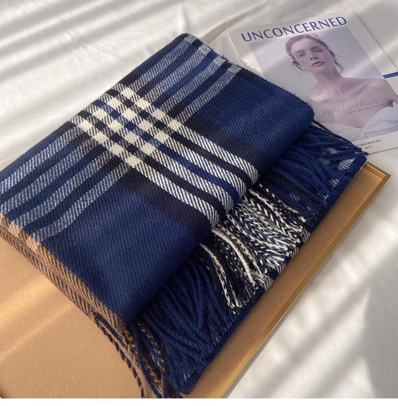 Women's Autumn/Winter Korean-Style Versatile Mid-Length Plaid Shawl & Scarf with Tassels – Imitation Cashmere Warm Neck Warmer
