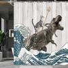 Zasłona Prysznicowa z Kotem Fajny Kot Dinozaur Japońska Fala Dekoracja Tkanina Zasłona Łazienkowa Dziecięca Wiejska Drewniana Domek Wiejski Zasłona Prysznicowa