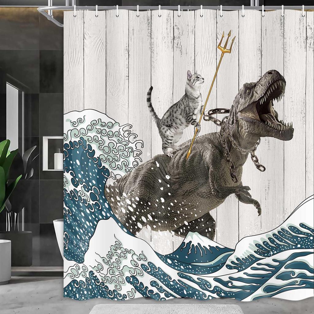 Zasłona Prysznicowa z Kotem Fajny Kot Dinozaur Japońska Fala Dekoracja Tkanina Zasłona Łazienkowa Dziecięca Wiejska Drewniana Domek Wiejski Zasłona Prysznicowa
