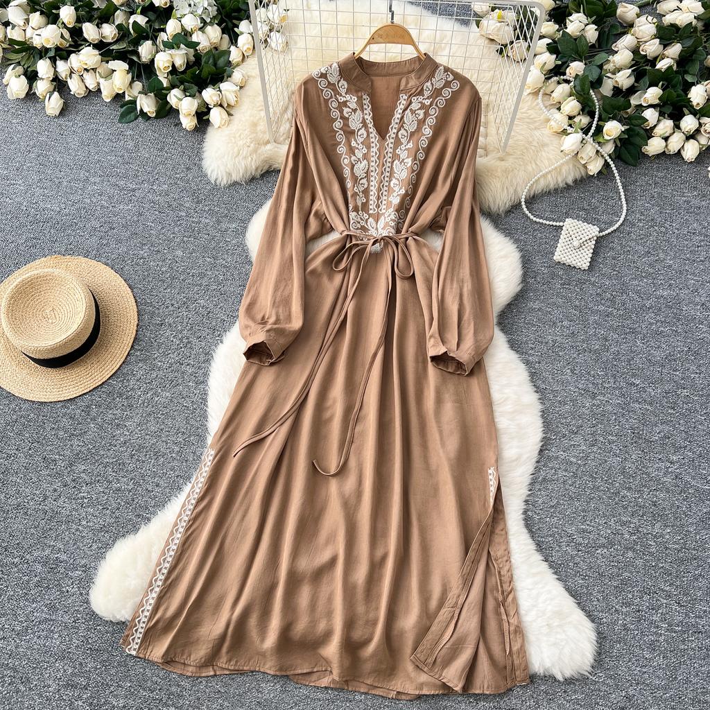 Vintage Maxi šaty pro ženy Výšivka Výstřih do V Dlouhý rukáv Dámské šaty Šněrování Vysoký pas Elegantní šaty