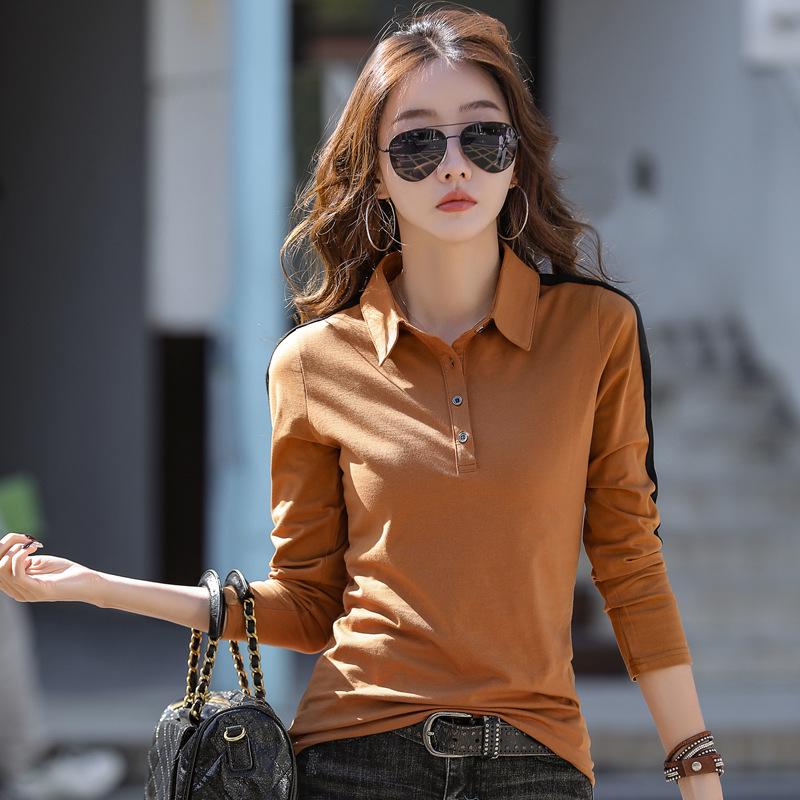 Lapel Long-Sleeved Cotton T-Shirt for Women - Plus Size, Loose Fit, Pure Cotton