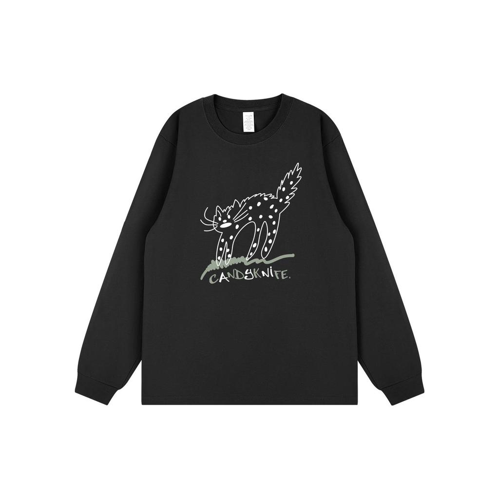 Korean Style Cartoon Cat Print Couple Long Sleeve Retro Top