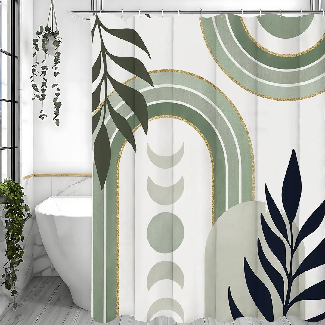 

Mid Century Abstract Arch Moon Leaf Shower Curtain, Bathroom Decorative Shower Curtain, Waterproof Shower Curtain With Hooks W60H190(CM)-1 Pcs