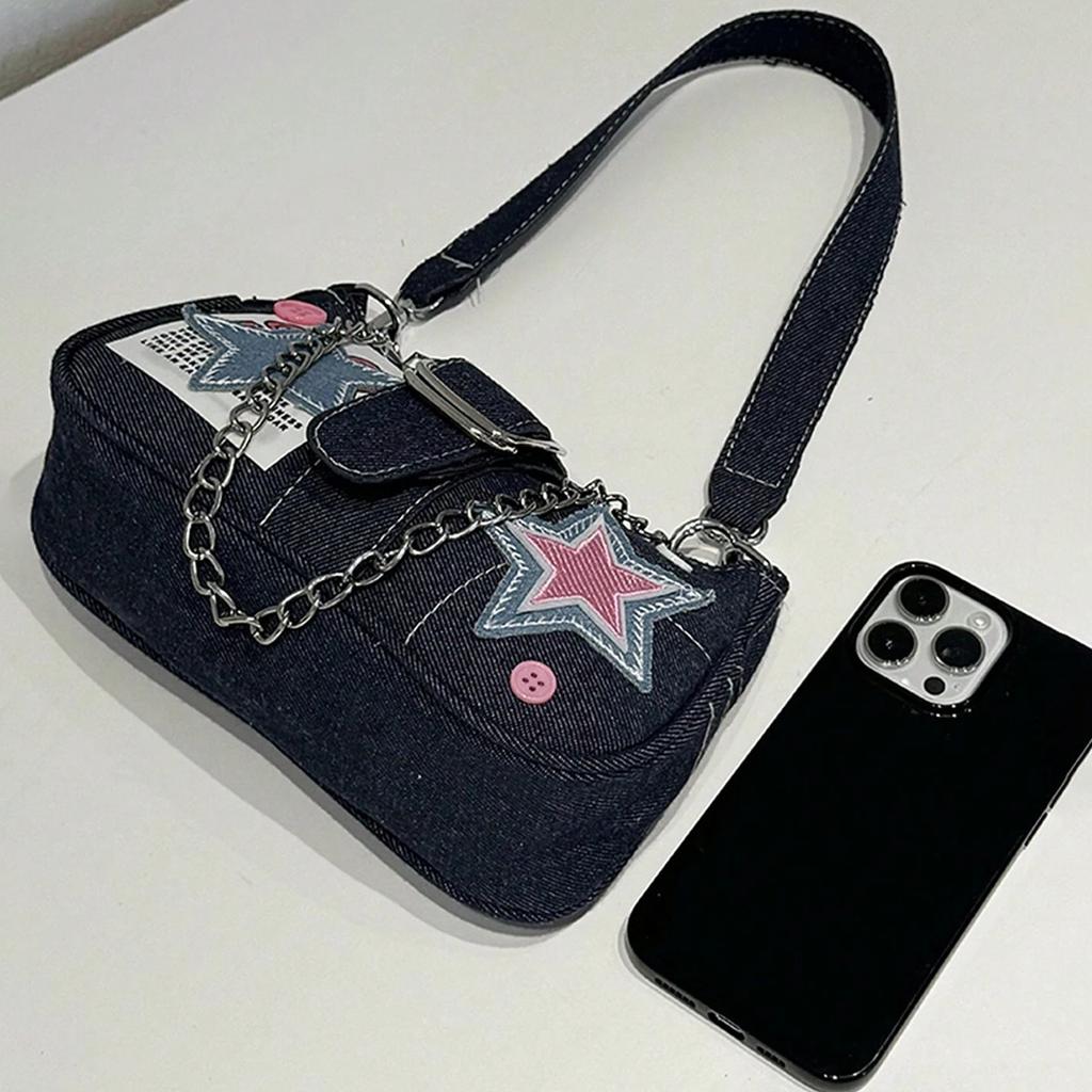 Premium Denim Canvas Bag Bag Women'S Versatile Chain Underarm Bag Fashion Shoulder Baguette Bag