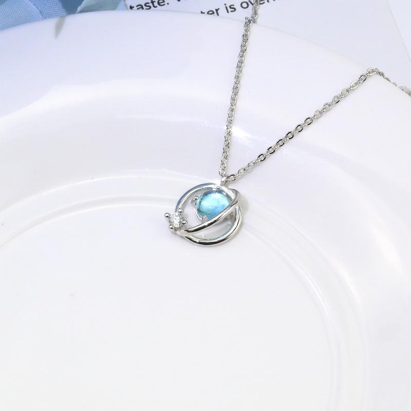 

Blue Planet Meteor Shower Key Pendant Necklace Tiny Copper Color Clavicle Chain Collar for Women Friendship Zircon