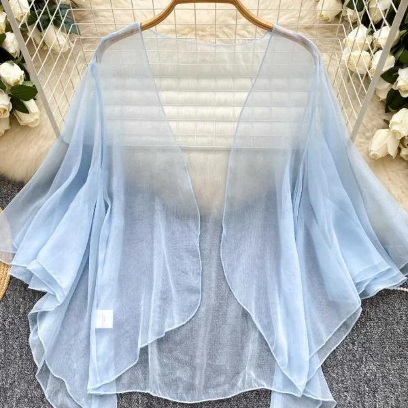 Women's Beach Cover Up Sheer Chiffon Flare Sleeve Top