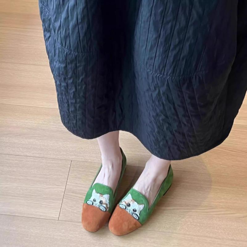 Fashion Colorblock Single Shoes Women Spring New Retro Round Toe Deep Mouth Cute Cat Embroidered Slip-on Soft Sole Flat Shoes