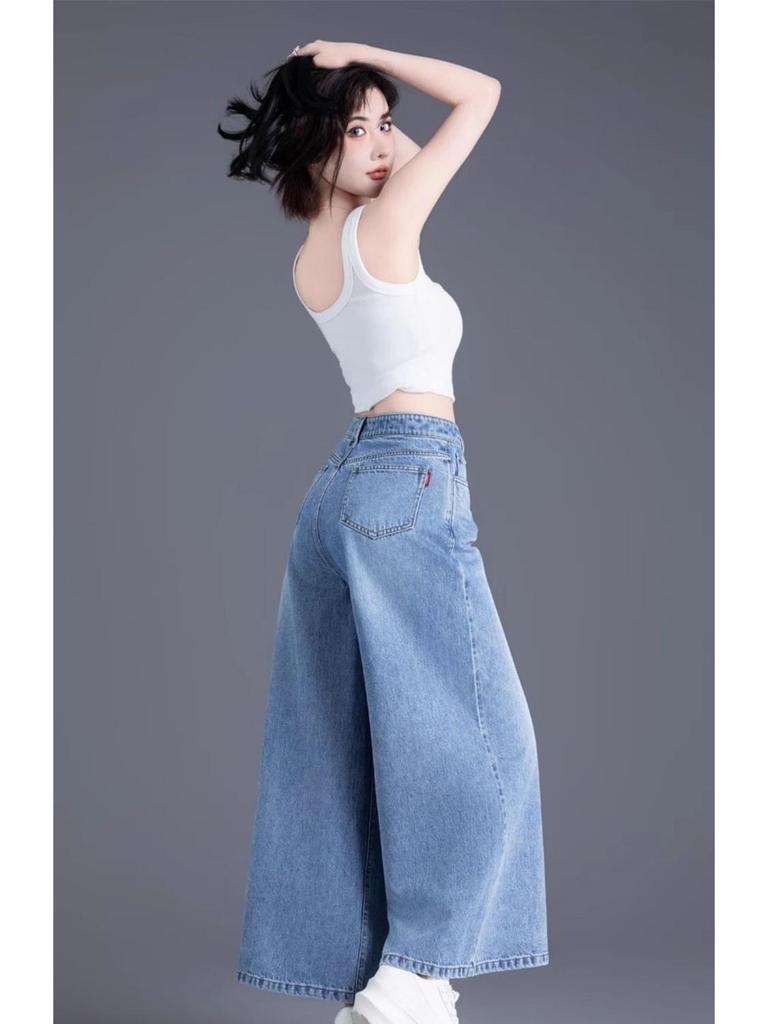 Women's Light Wash Wide-Leg Denim Pants - Spring/Summer 2026, Nine-Tenths Length, Loose Fit