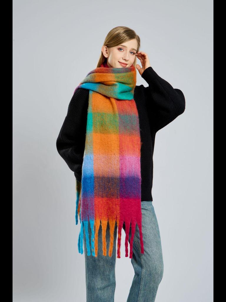 Women's High-Grade Colorful Plaid Mohair Scarf - Thick, Warm, and Versatile for Winter