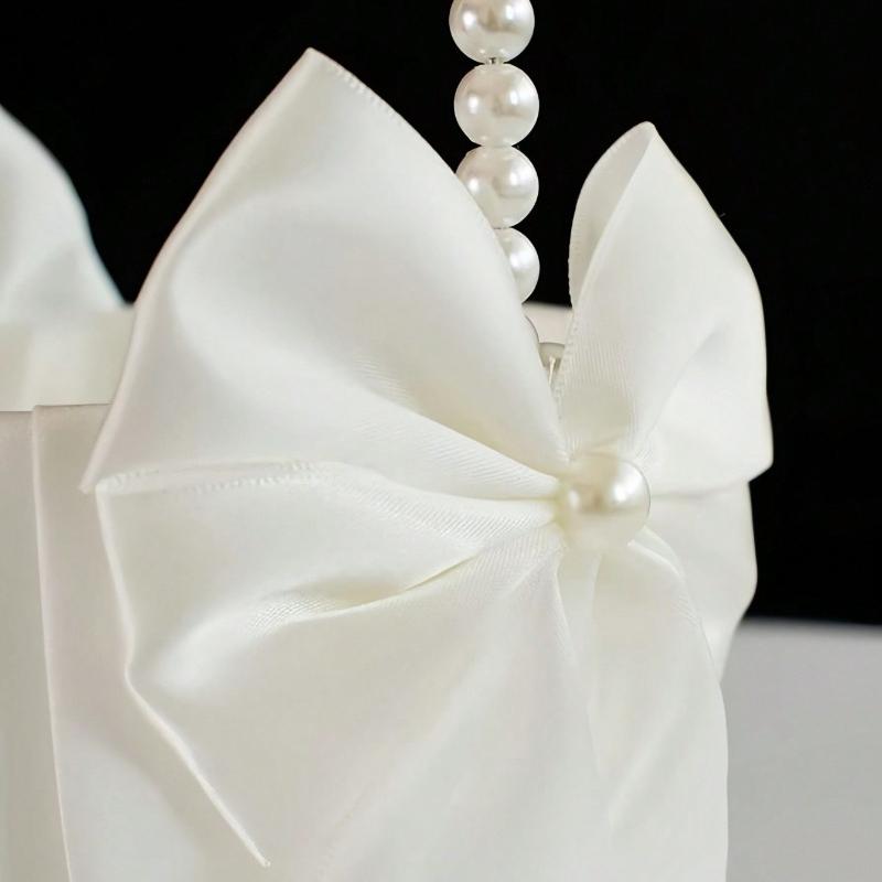 1Pc Bow Faux Pearl Wedding Flower Basket White Bow Flower Basket Satin Flower Basket Suitable For Party Decoration Gifts