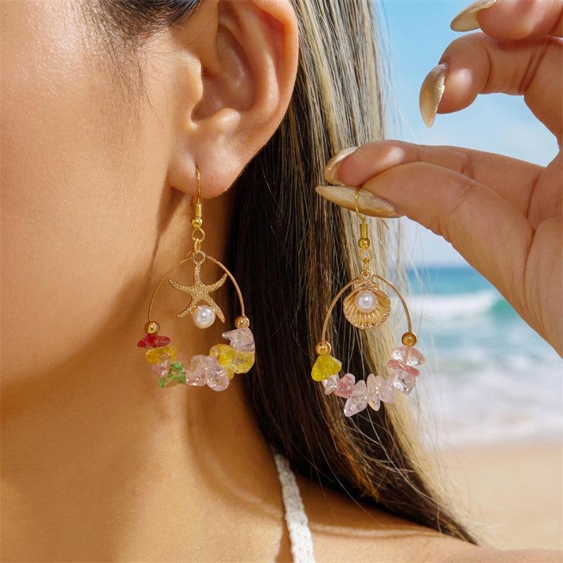 Asymmetrical starfish shell colorful gravel large circle earrings, summer dopamine sweet vacation wind beach earrings