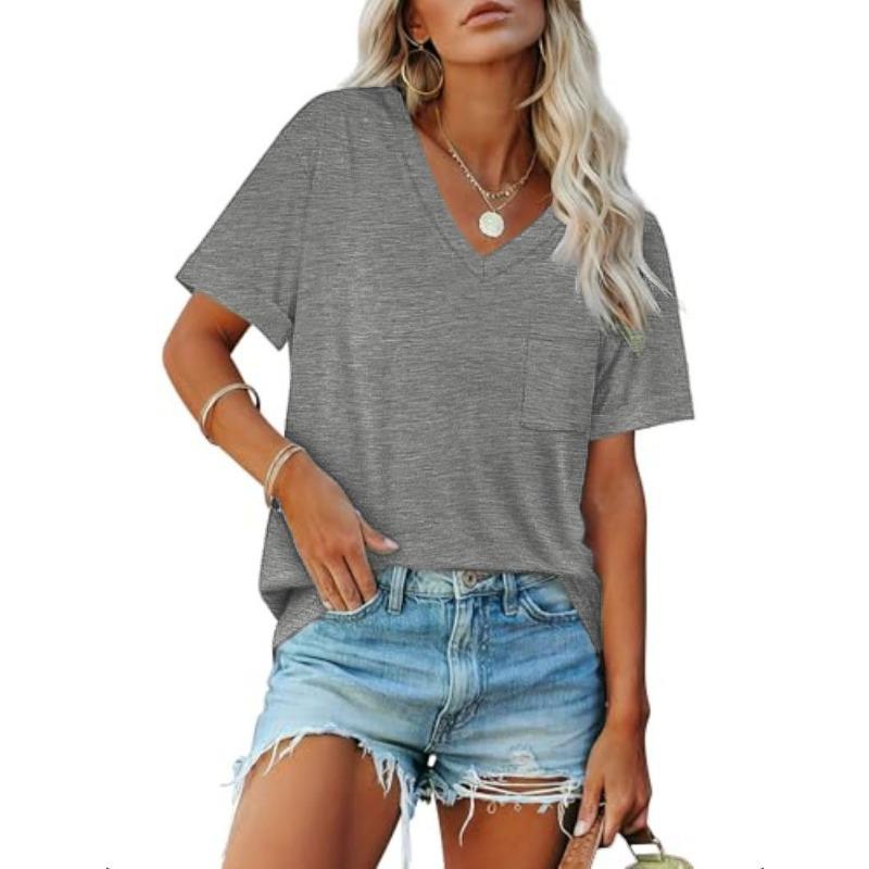 

JKASHDK Женская мода Повседневная Летняя Весна Однотонный Принт Короткие Рукава V-образный Вырез Блузки и Рубашки XXL серый