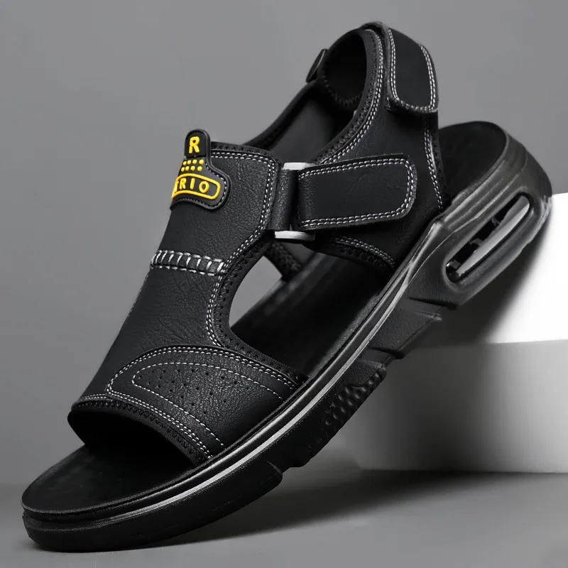 Men‘s Summer Cow Leather Sandals 2025 New Designer Leisure Sports Driving Outside Wear Beach Shoes Men's Air Cushion Slippers