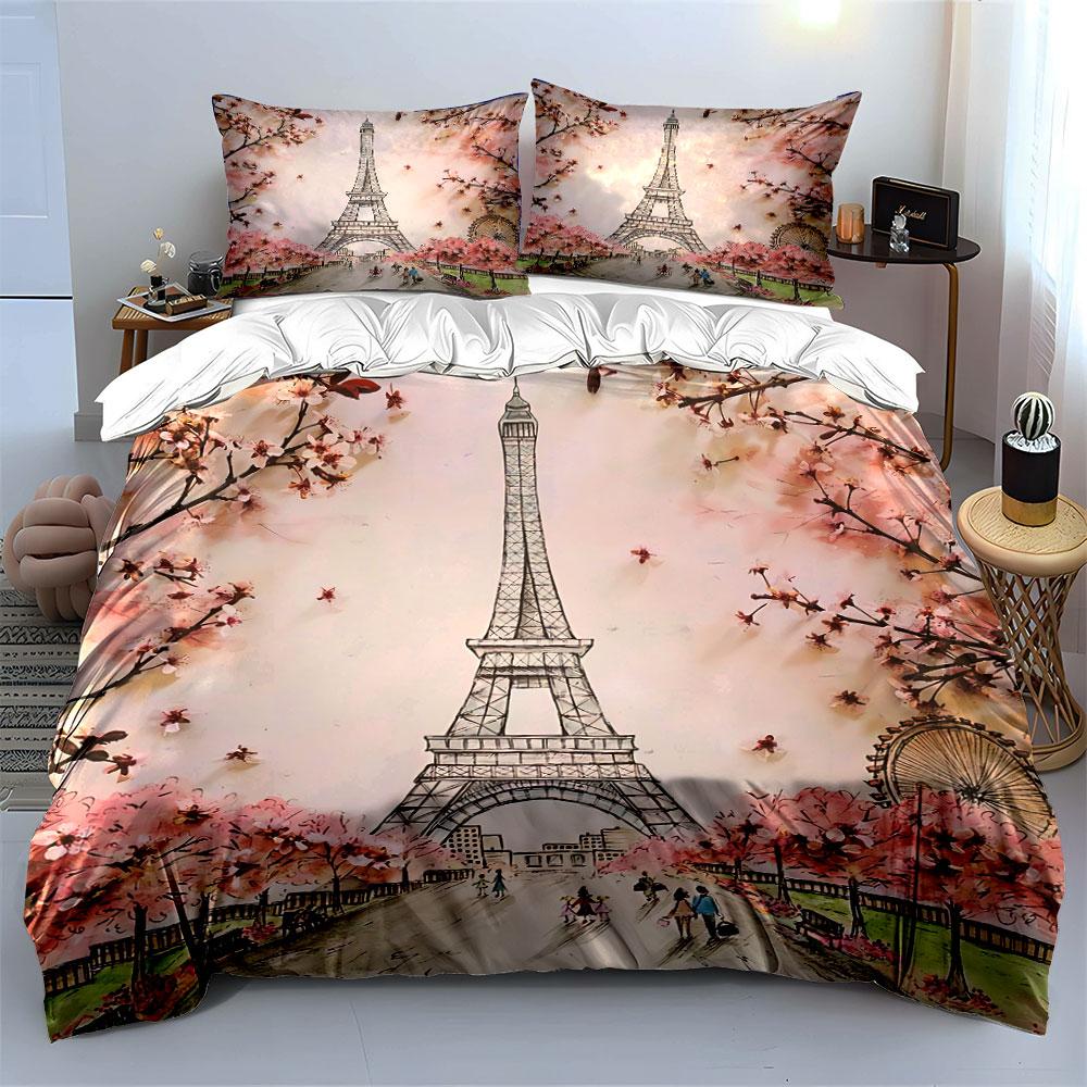 Eiffel Tower with Cherry Blossoms Bedding Duvet Cover Set Duvet Cover Pillowcases (1*Duvet Cover 2*Pillowcases, without duvet insert)