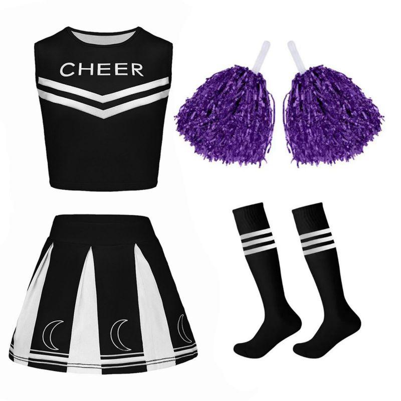 4-12 Years Kids Girls Cheerleader Costume Set Sleeveless Top Skirt Pompoms and Socks