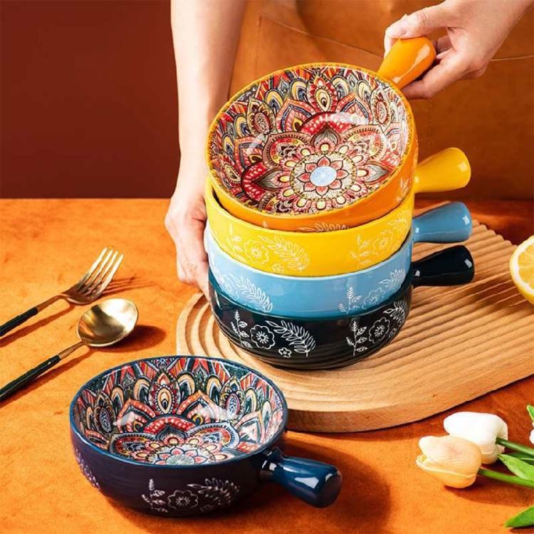Multipurpose Bohemians Handled Bowl Salad Bowl Ceramic Texture Oven Microwave Safe Dishwasher Cleanable Healthy Cooking