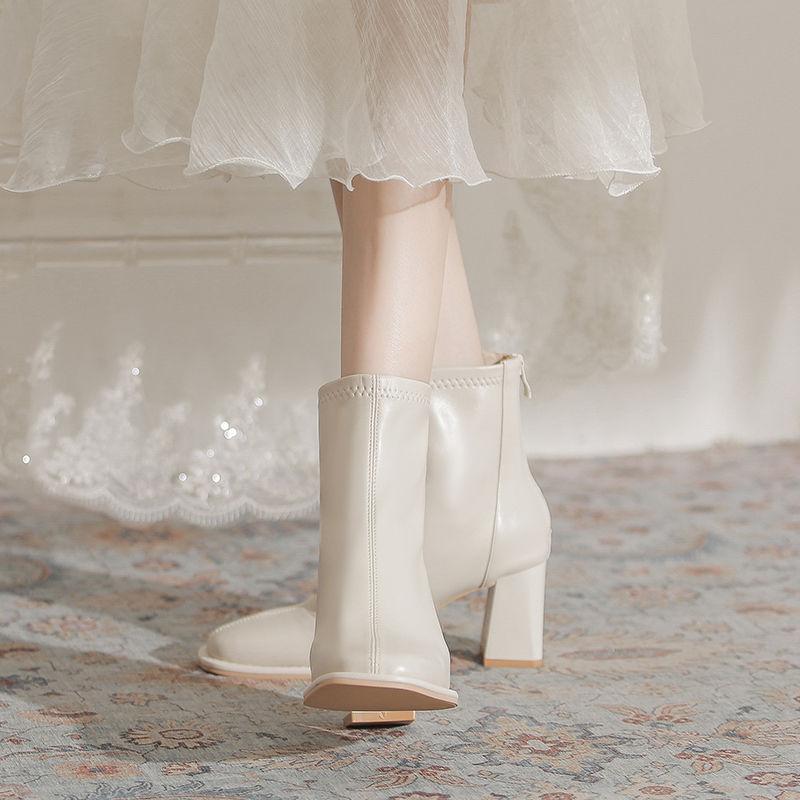 White thick-heeled short boots for women 2025 new autumn and winter mid-heeled square-headed French high-heeled shoes elastic medium tube thin boot