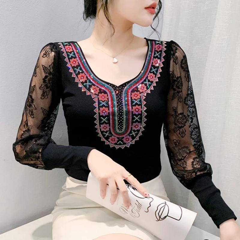 Spring Autumn European Clothes Women's T-Shirt Sexy Lace Long Sleeve Mesh Tops Chic Vintage Luxury Hot Diamonds Tees Shirts