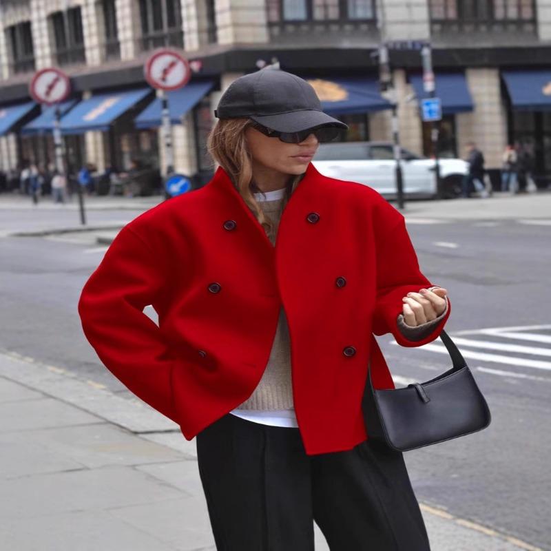 Womens Double Breasted Solid Color Woolen Coat Casual British Style Versatile Outerwear