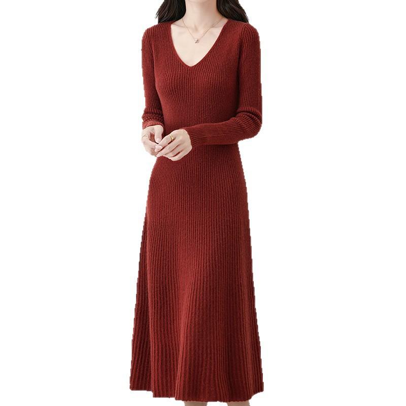 Solid color v-neck medium and long knitted dress for women's autumn and winter new temperament slim and thin over the knee primer sweater skirt