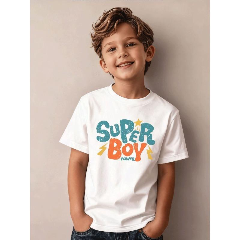 European sizes Boys  Super Boy Power T-Shirt with Lightning Bolt & Star Print - Casual Round Neck Tee Suitable for Summer 110 белый