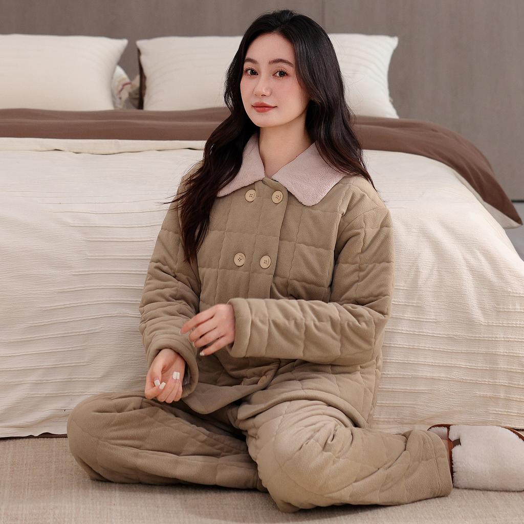 Couple padded pajamas men's and women's autumn and winter coral fleece three-layer thickened flannel new provincial clothing loungewear set